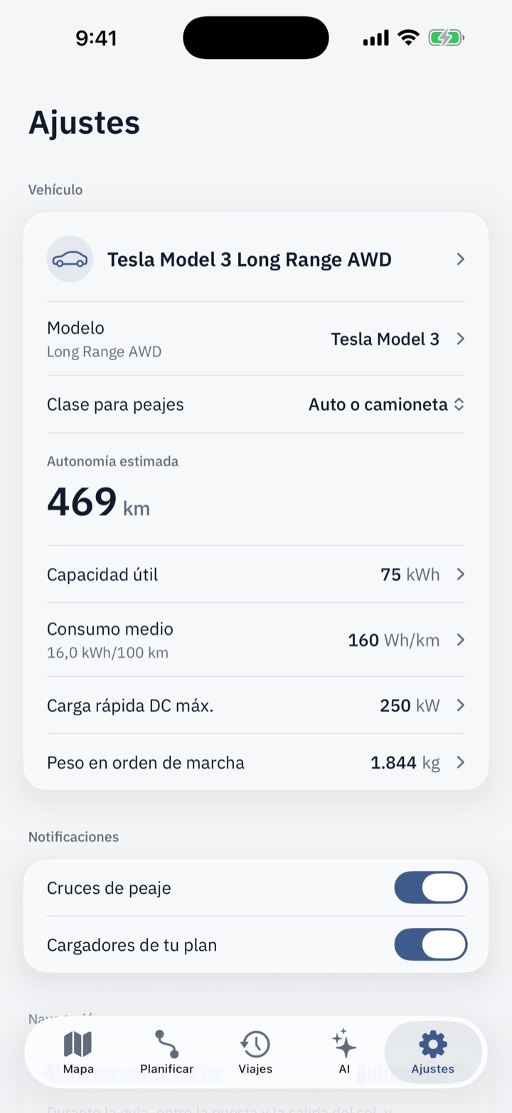 Ficha del vehículo en Ajustes