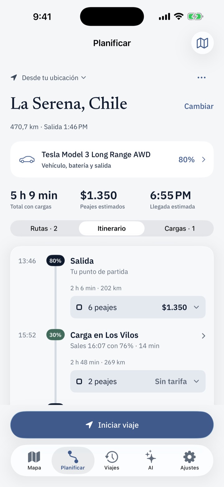 Itinerario con salida, peajes por tramo y carga en Los Vilos
