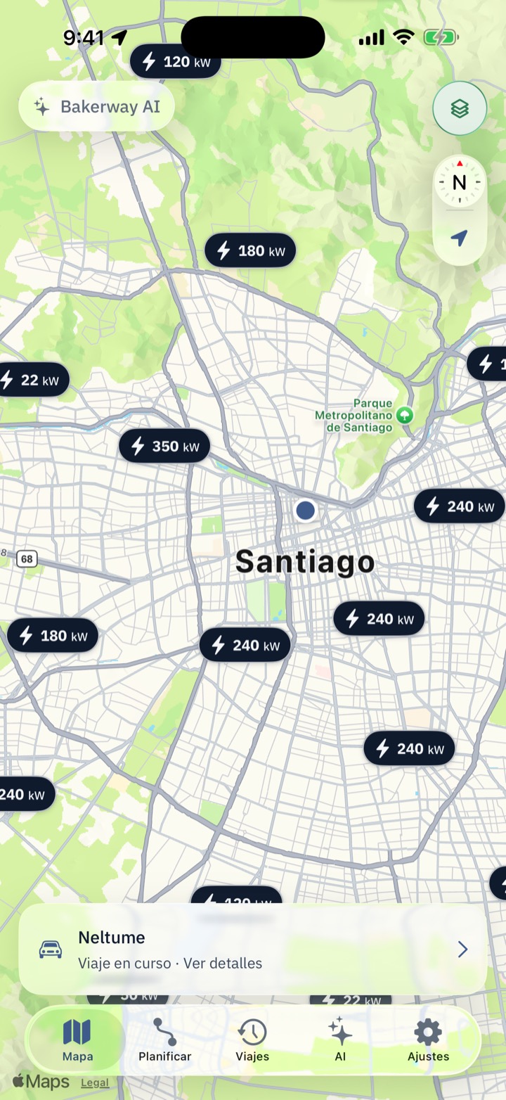 Mapa de Santiago con cargadores y su potencia