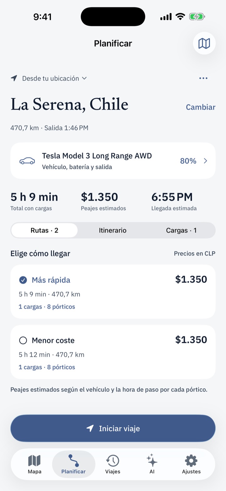 Planificador de Bakerway con un viaje Santiago–La Serena: 5 h 9 min con una carga, $1.350 en peajes estimados y dos rutas para elegir.